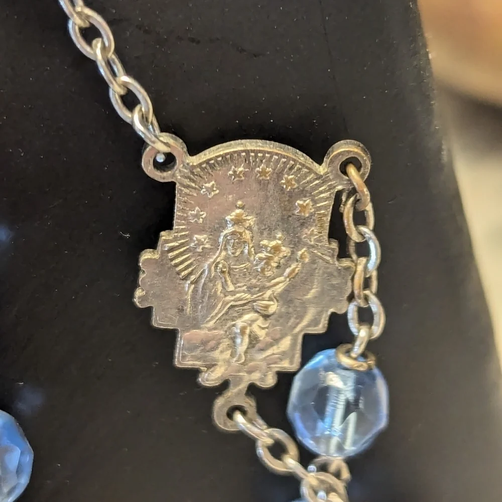Rosary Beads Blue Silvertone Crucifix Well made Beautiful Italy Vintage